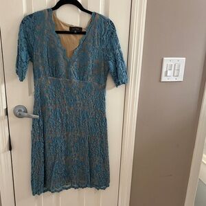 Elegant Lace Overlay Dress in Blue Teal